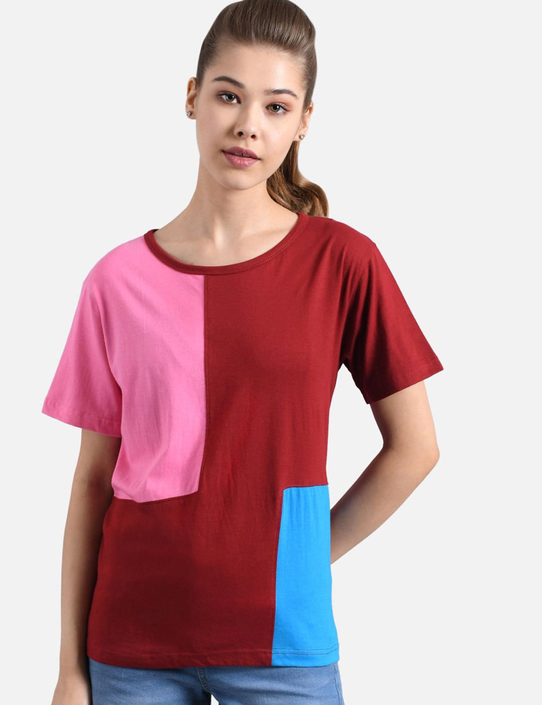 Kotty Women Maroon & Turquoise Blue Colourblocked Round Neck T-shirt