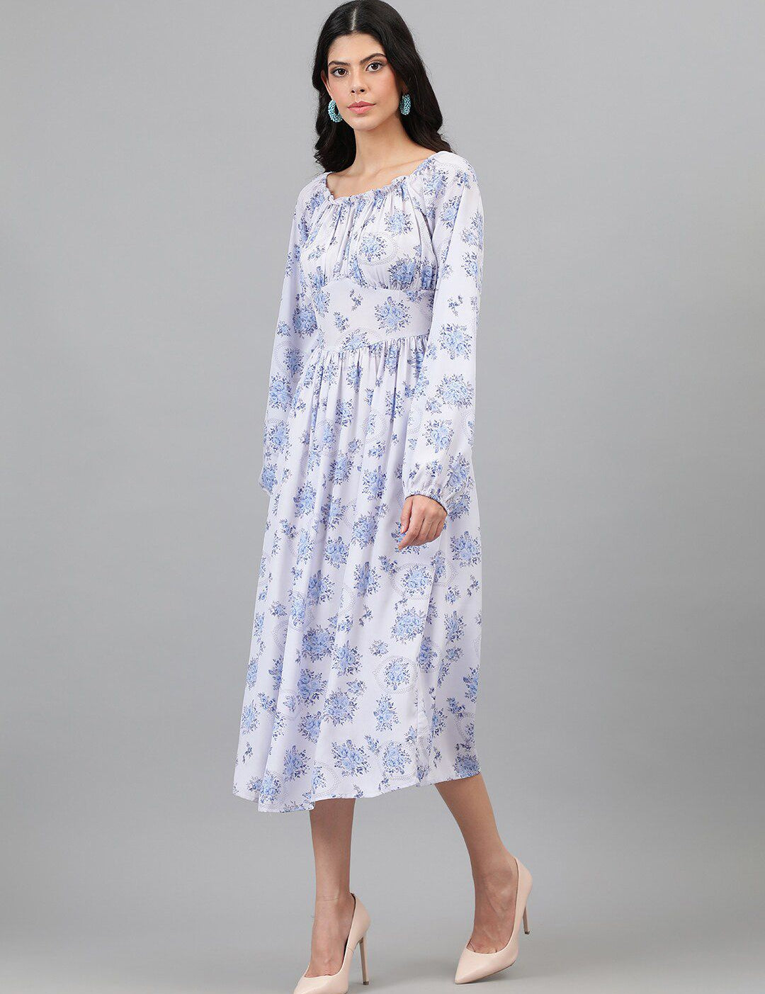 Kotty Floral Printed Puff Sleeve Gathered or Pleated Crepe Fit & Flare Midi Dress