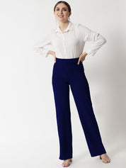 Kotty Women Navy Blue Relaxed Straight Fit High-Rise Easy Wash Trousers