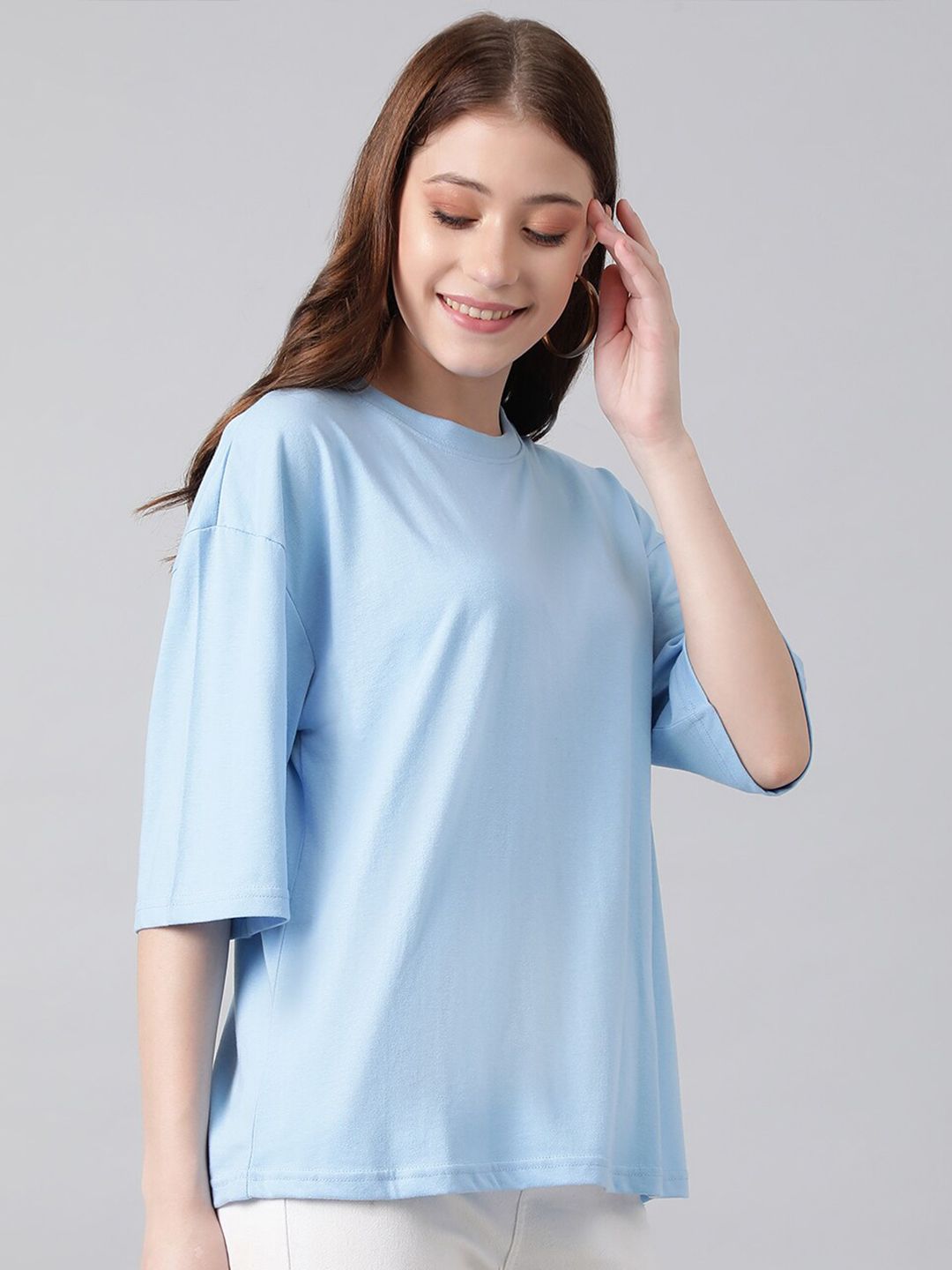 KOTTY Basics Blue Round Neck Oversized T-shirt