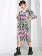 Kotty Pink & Green Ethnic Motifs Printed Cuffed Sleeves A-Line Midi Dress