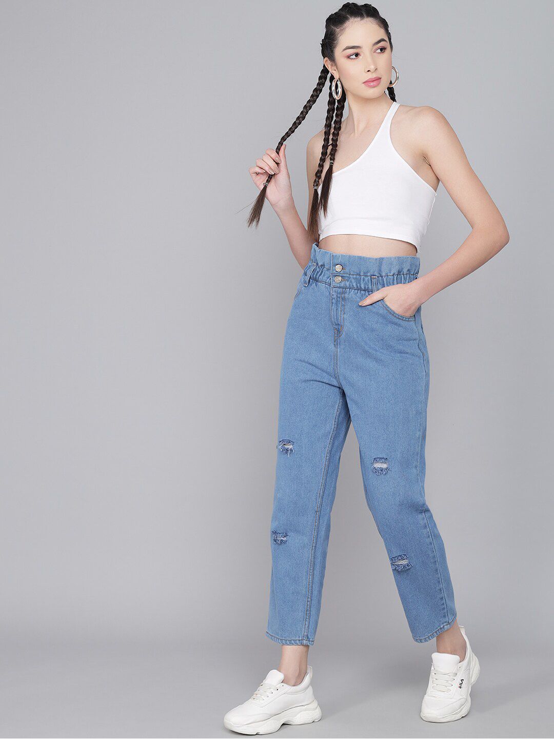 Kotty Women Blue Boyfriend Fit High-Rise Mildly Distressed Jeans