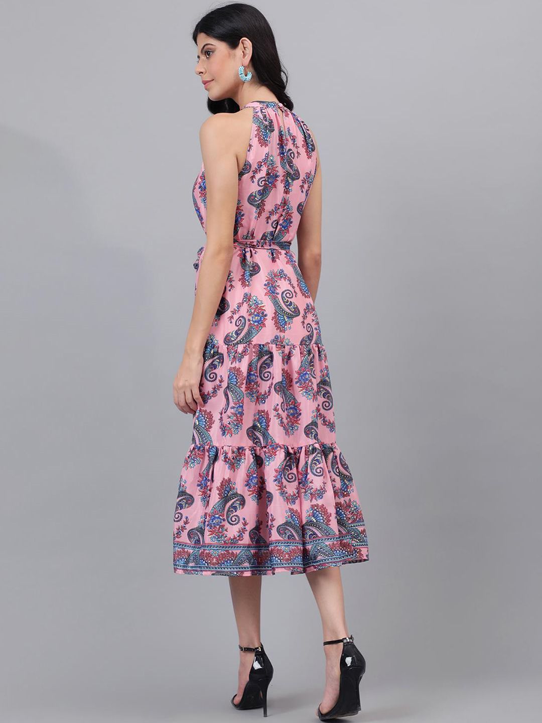 Kotty Pink And Blue Paisley Printed Choker Neck Tiered Fit & Flare Midi Dress