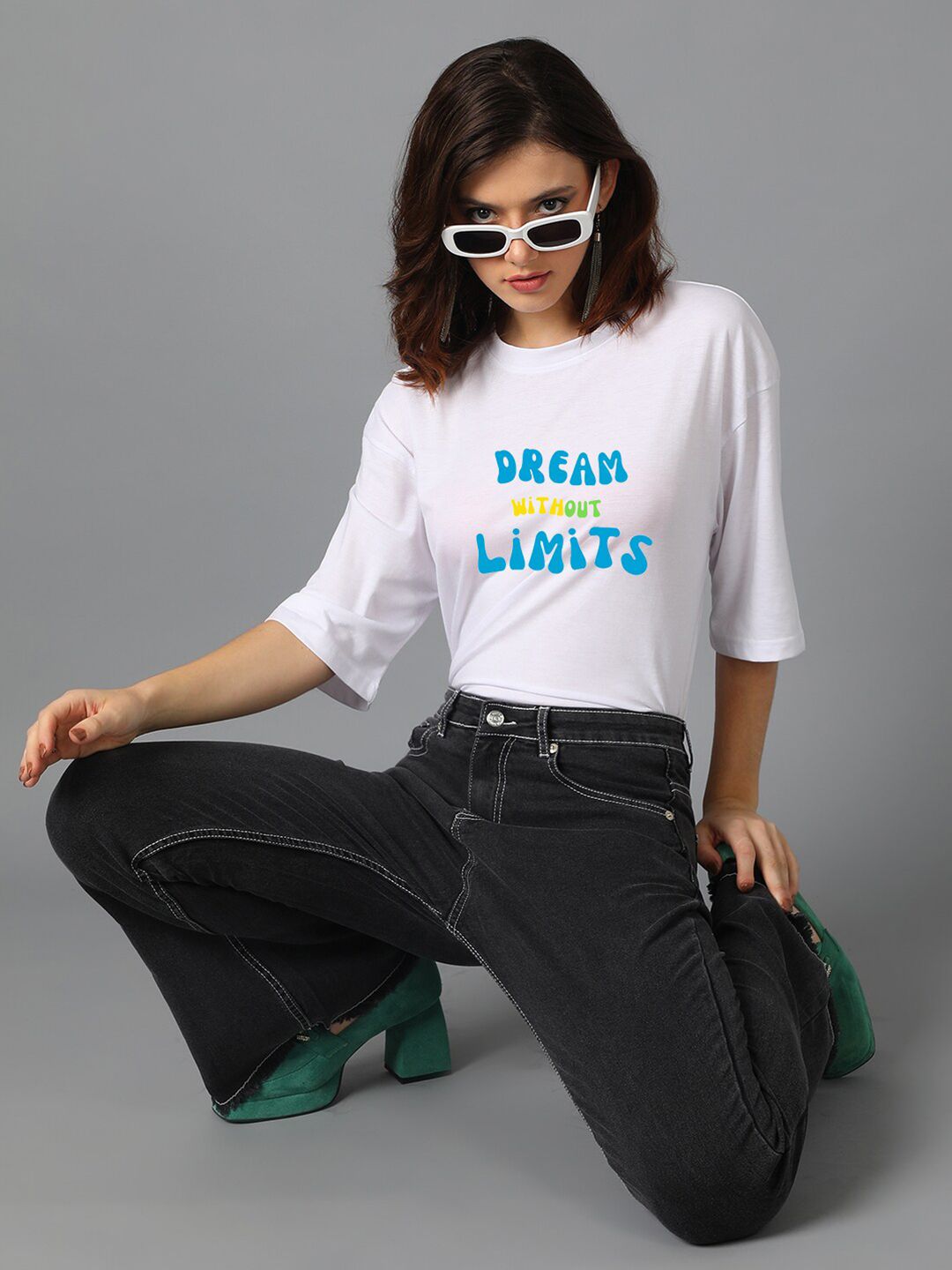 Kotty White Typography Printed Drop-Shoulder Sleeves Oversized T-shirt