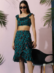 Kotty Green Floral Printed Sleeveless Top With Skirt