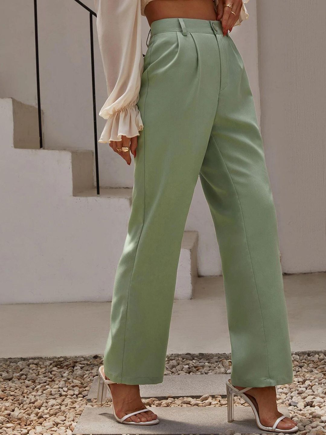 KOTTY BIZwear Women Green Relaxed Straight Fit High-Rise Easy Wash Pleated Trousers