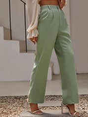 KOTTY BIZwear Women Green Relaxed Straight Fit High-Rise Easy Wash Pleated Trousers