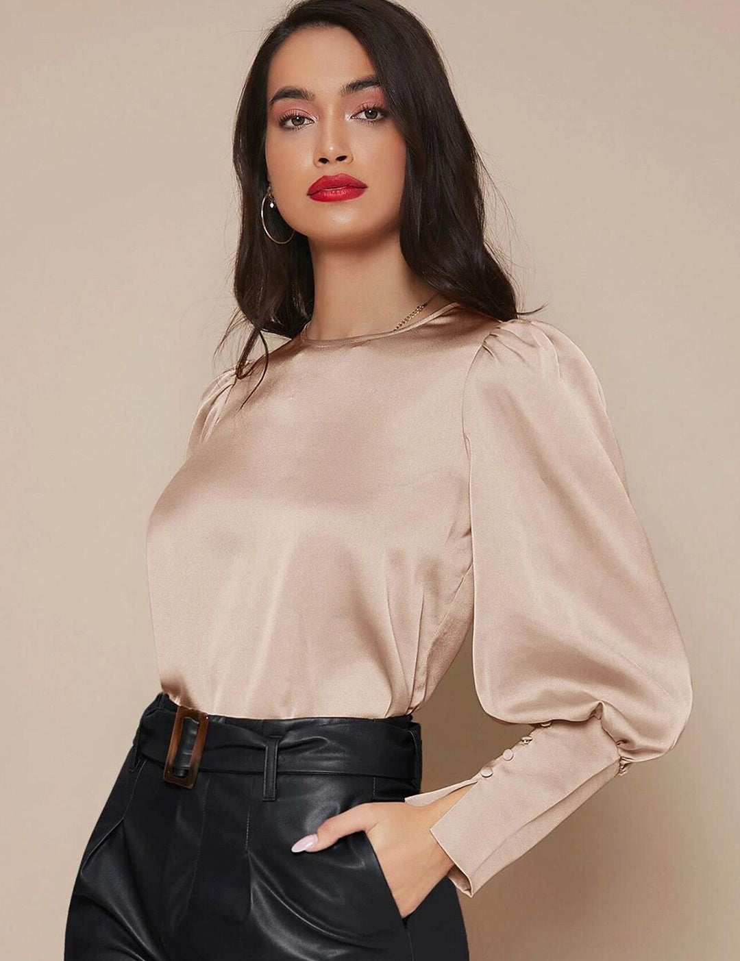KOTTY BIZwear Beige Puff Sleeves Satin Top
