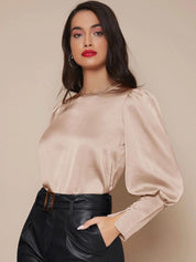 KOTTY BIZwear Beige Puff Sleeves Satin Top