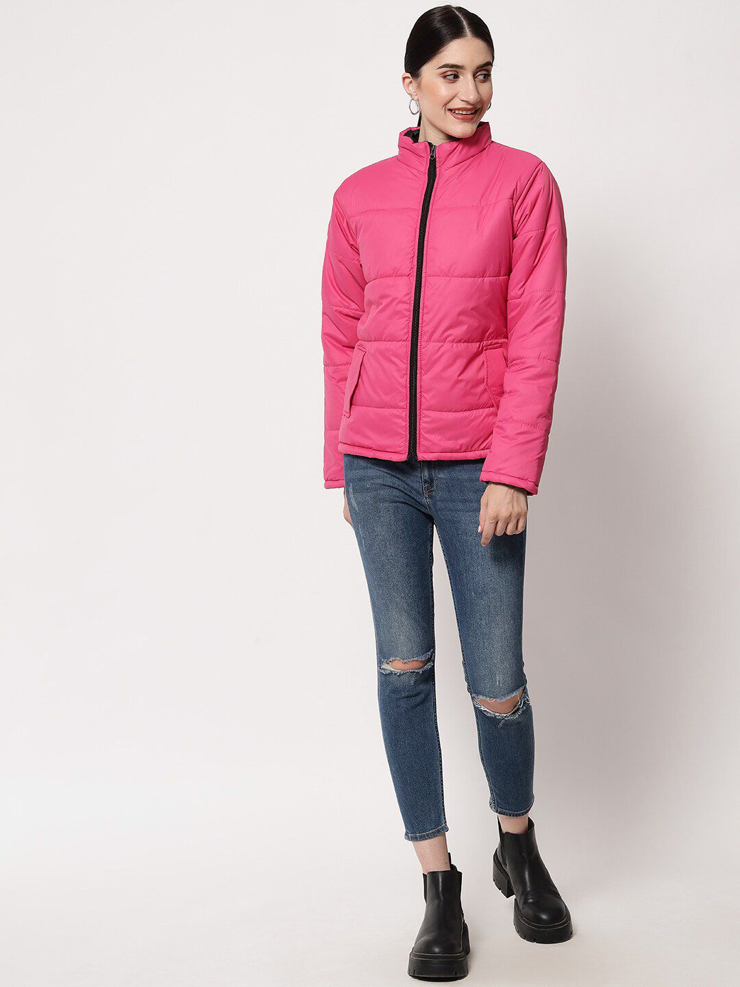 Kotty Women Pink Solid Polyester Puffer Jacket