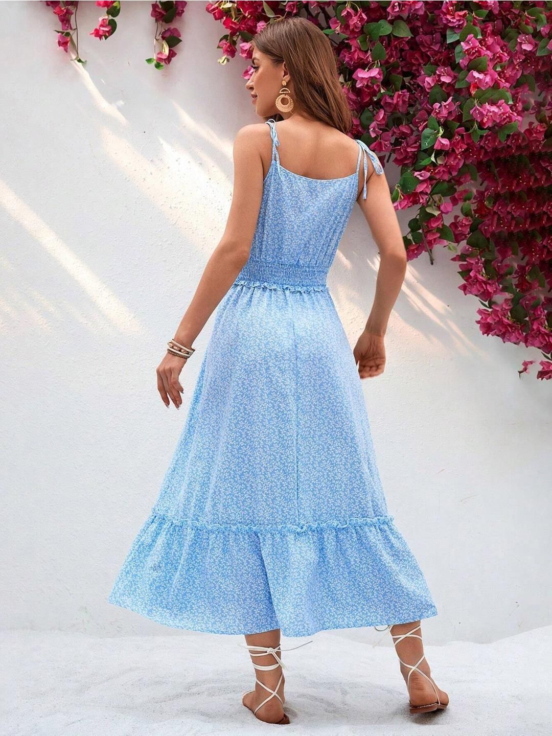 Kotty Floral Print Shoulder Straps Crepe Fit & Flare Midi Dress