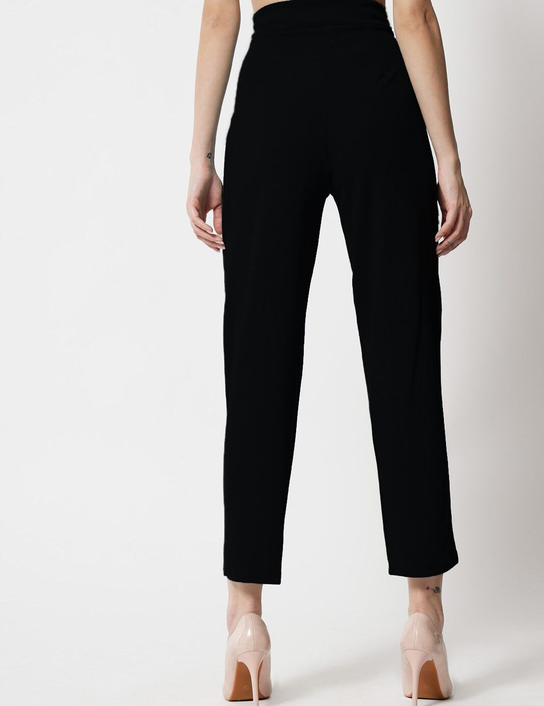 Kotty Women Black Comfort Straight Fit High-Rise Easy Wash Pleated Trousers