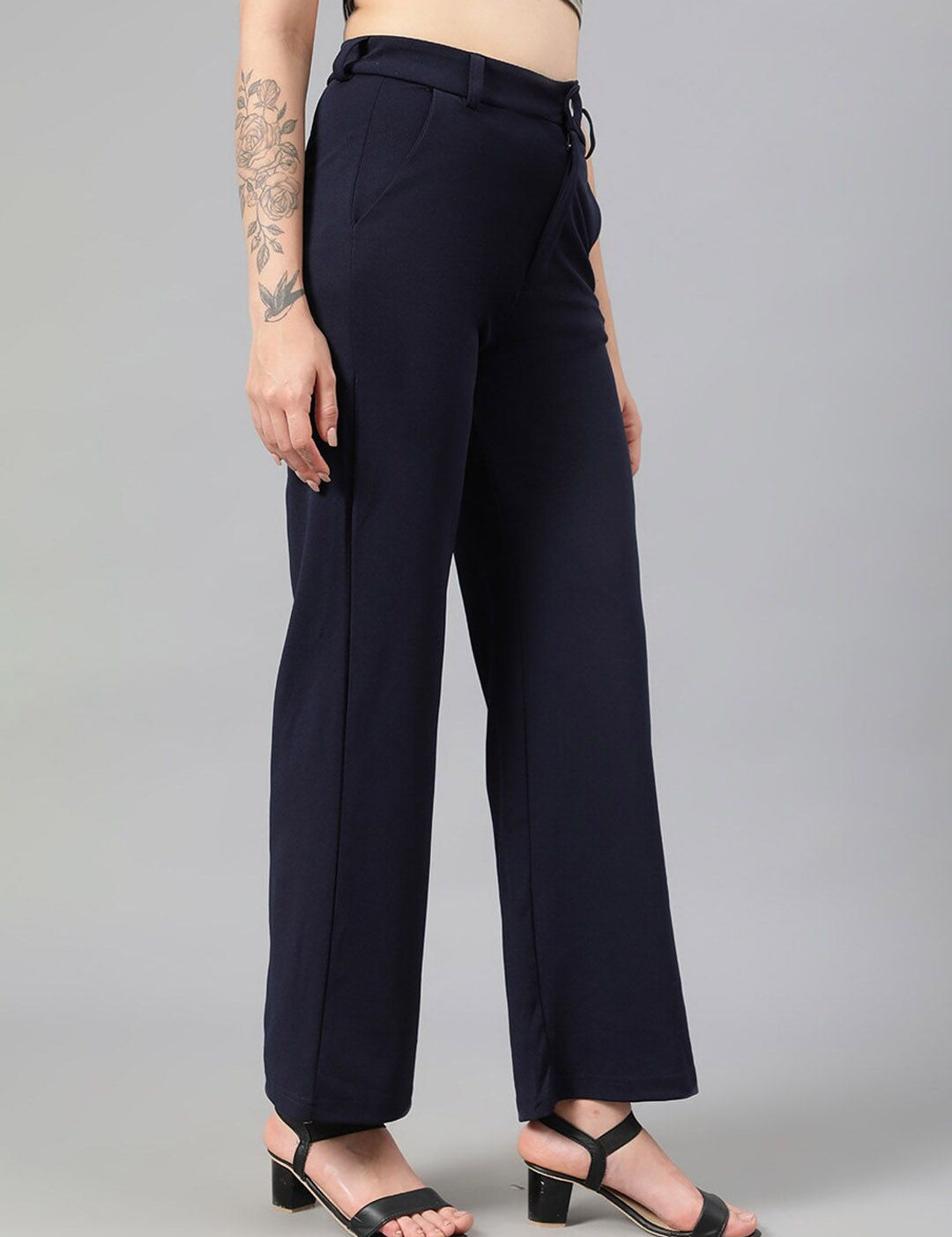 KOTTY BIZwear Women Navy Blue Relaxed Straight Leg Fit High-Rise Easy Wash Parallel Trousers