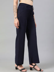 KOTTY BIZwear Women Navy Blue Relaxed Straight Leg Fit High-Rise Easy Wash Parallel Trousers