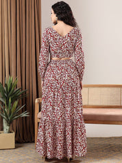Kotty Maroon Floral Printed V-Neck Puff Sleeves Top With Skirt 