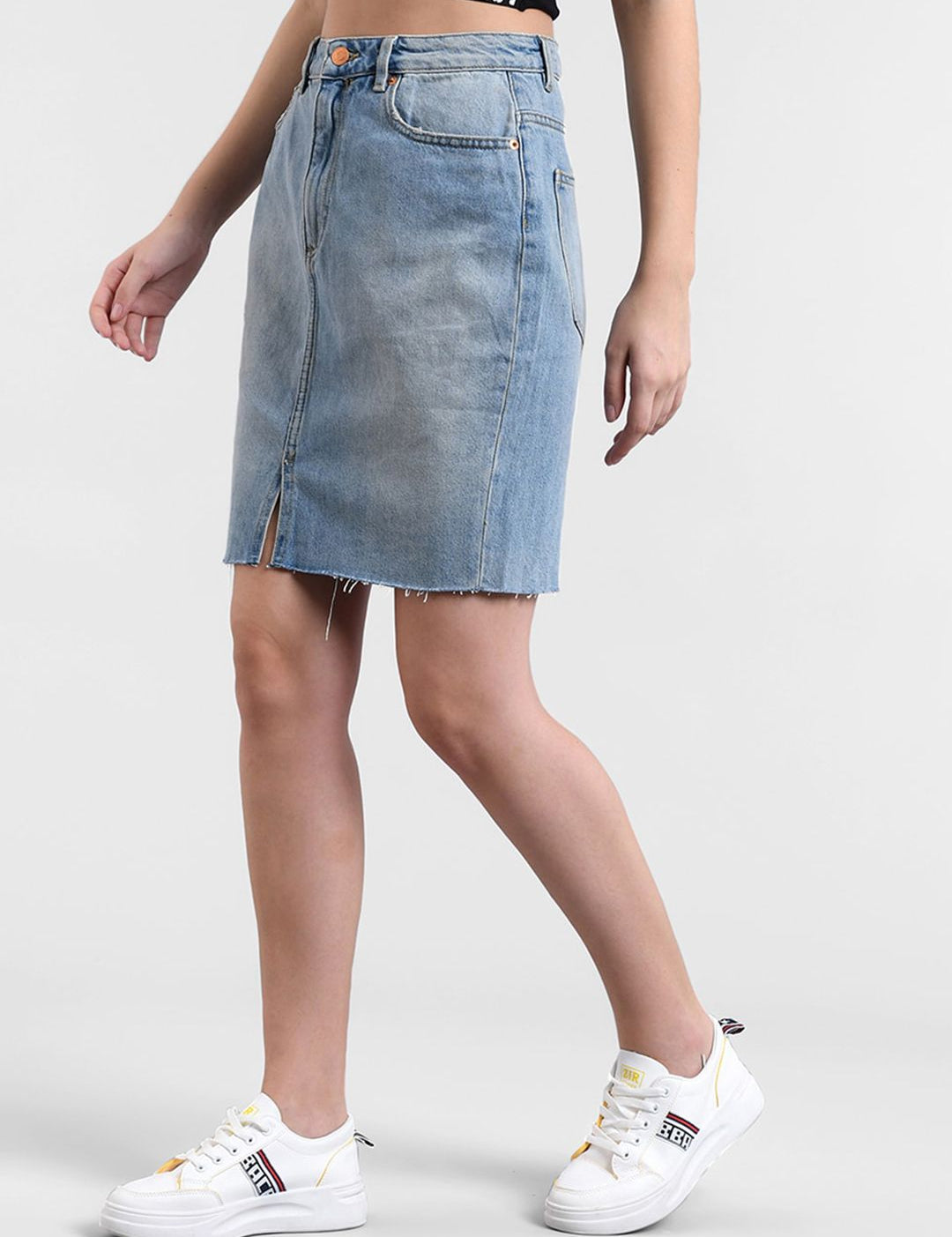 Kotty Women Blue Washed Denim Mini Straight Skirt