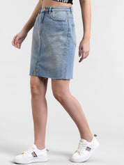 Kotty Women Blue Washed Denim Mini Straight Skirt