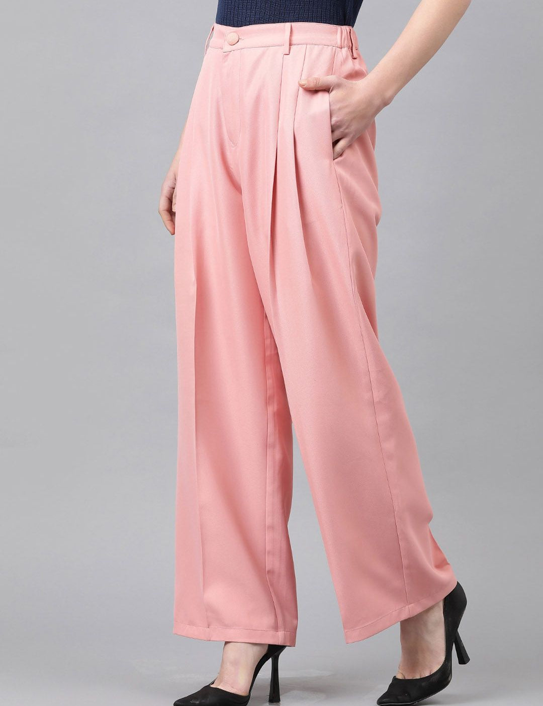 CURVE BY KOTTY BIZwear Women Relaxed Straight Leg High-Rise Easy Wash Pleated Trouser