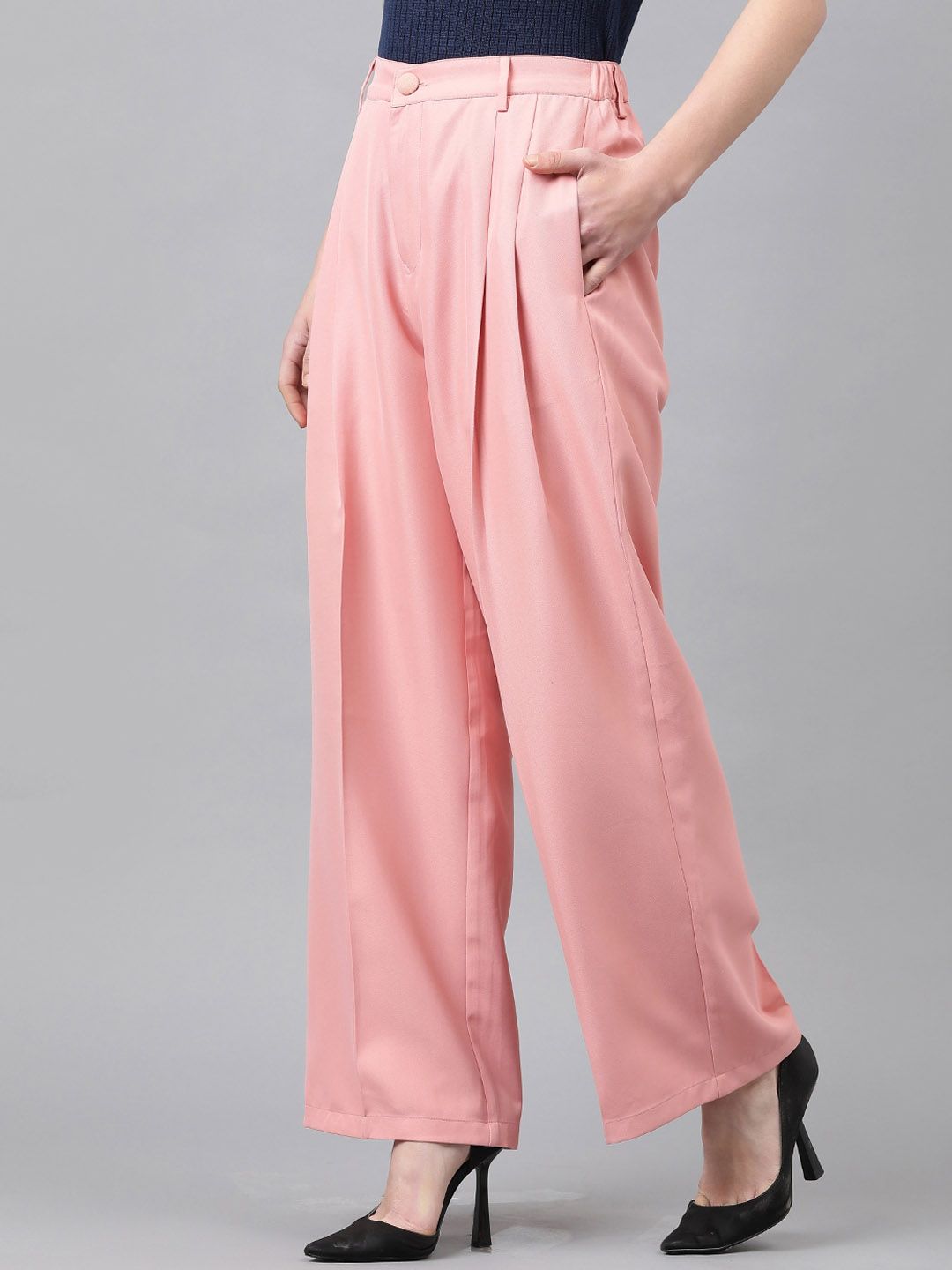 CURVE BY KOTTY BIZwear Women Relaxed Straight Leg High-Rise Easy Wash Pleated Trouser