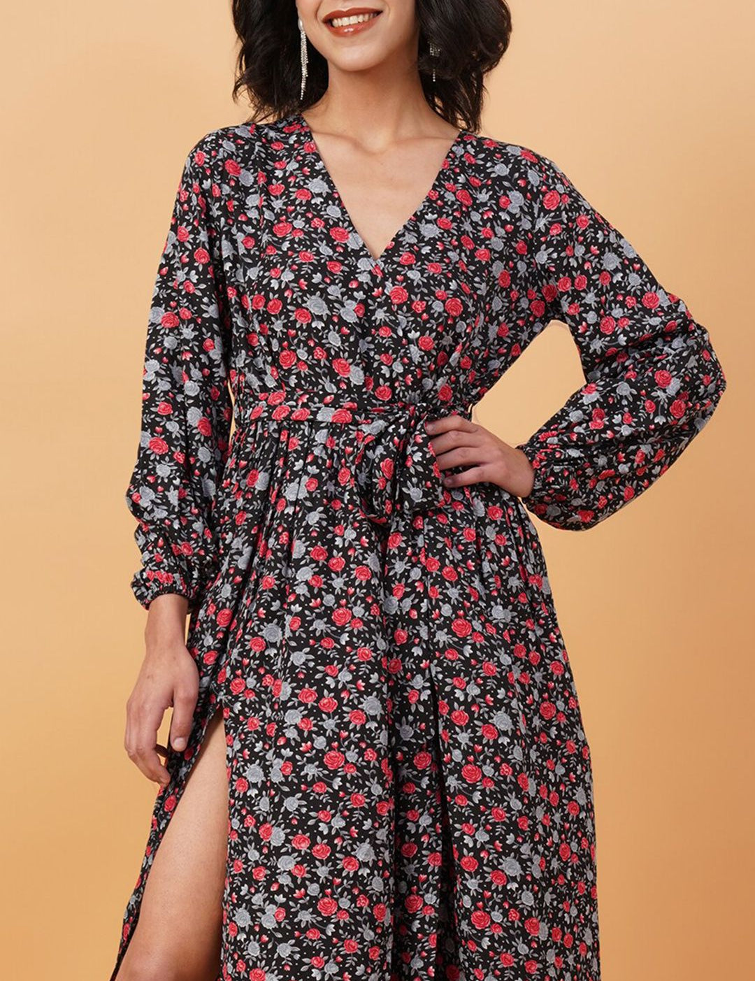 Kotty Black & Red Floral Printed V Neck Puff Sleeves Crepe A Line Maxi Dress