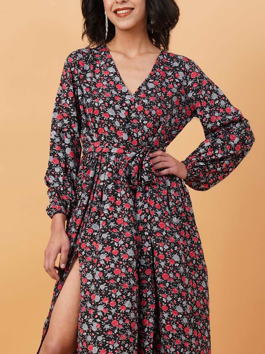 Kotty Black & Red Floral Printed V Neck Puff Sleeves Crepe A Line Maxi Dress