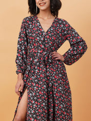 Kotty Black & Red Floral Printed V Neck Puff Sleeves Crepe A Line Maxi Dress