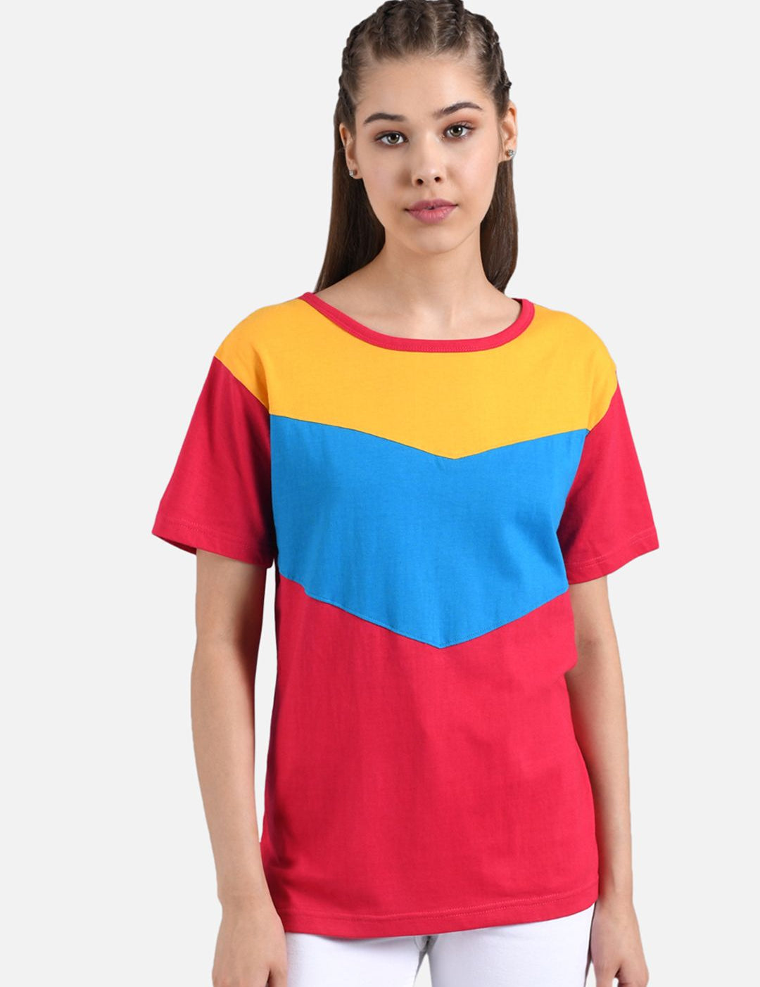 Kotty Women Red & Blue Colourblocked Boat Neck T-shirt