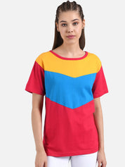 Kotty Women Red & Blue Colourblocked Boat Neck T-shirt