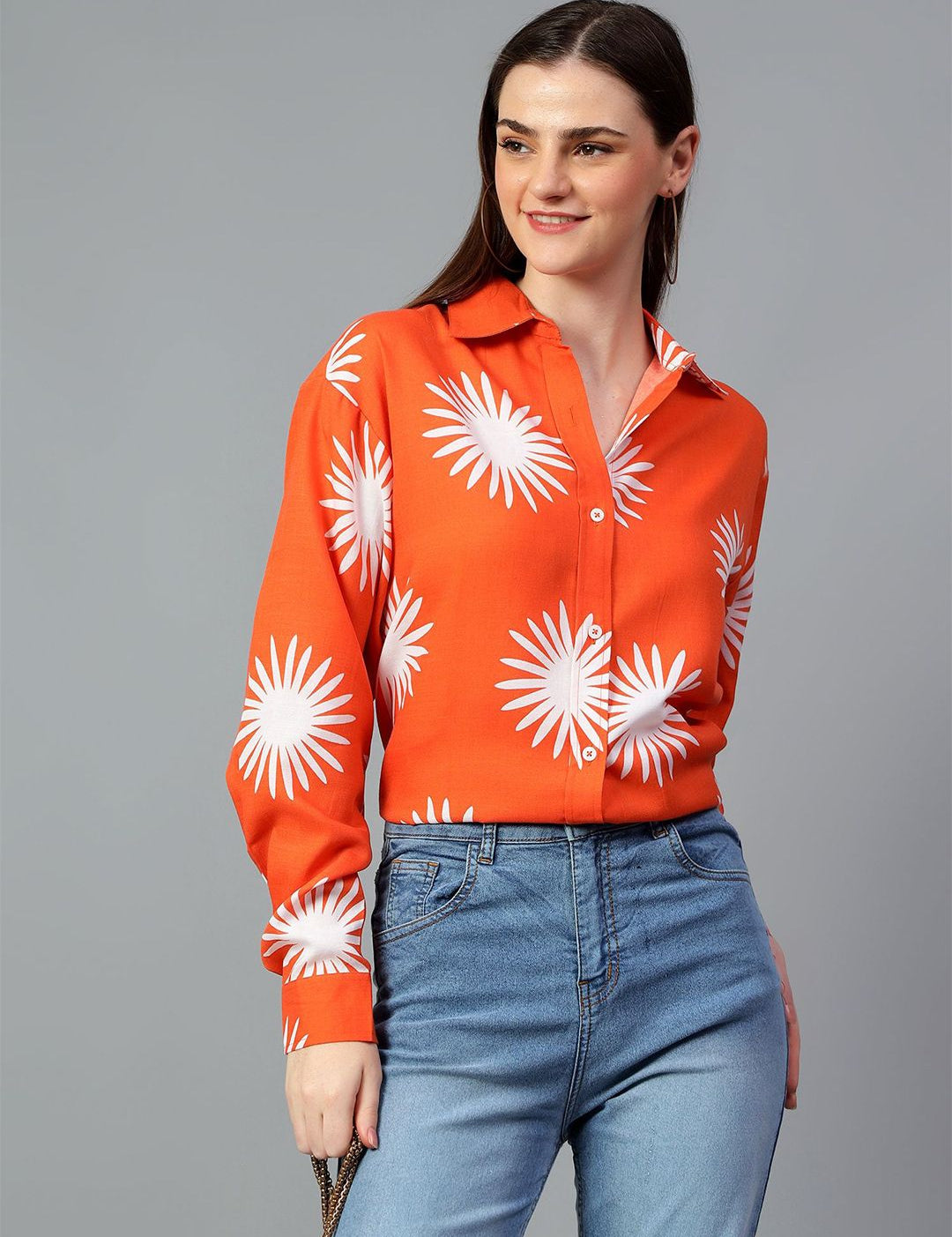 Kotty Women Comfort Spread Collar Graphic Printed Cotton Oversized Casual Shirt