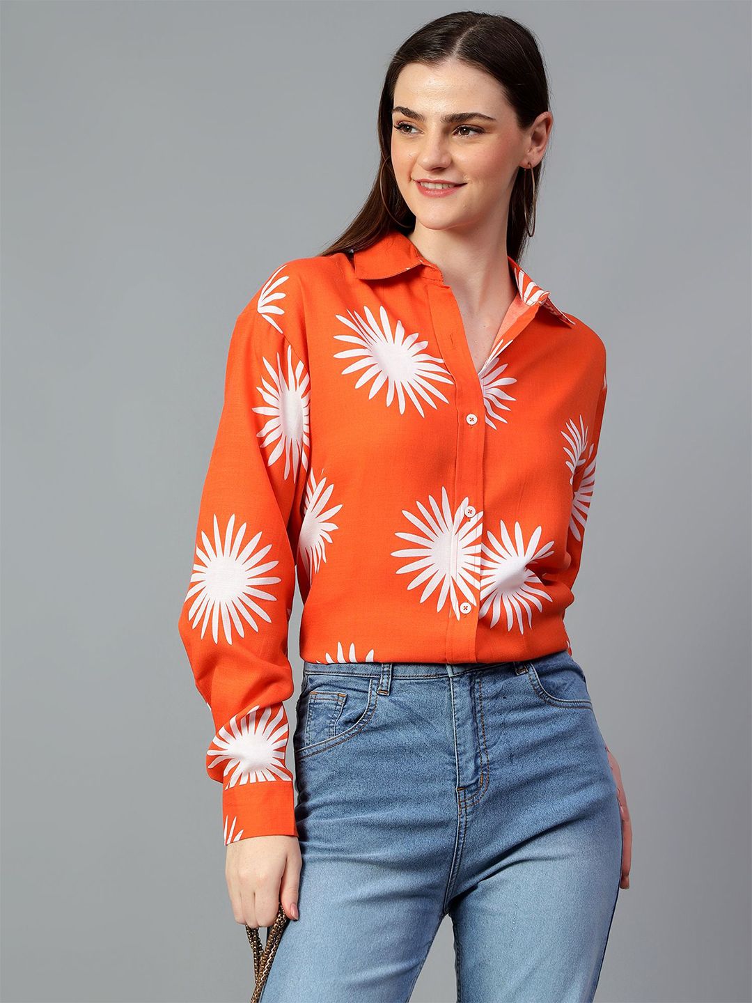 Kotty Women Comfort Spread Collar Graphic Printed Cotton Oversized Casual Shirt