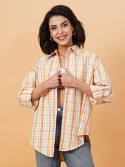 Kotty Orange Spread Collar Checked Casual Shirt