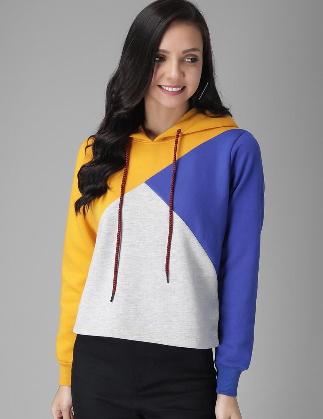 Kotty Women Yellow & Blue Colourblocked Hooded Sweatshirt