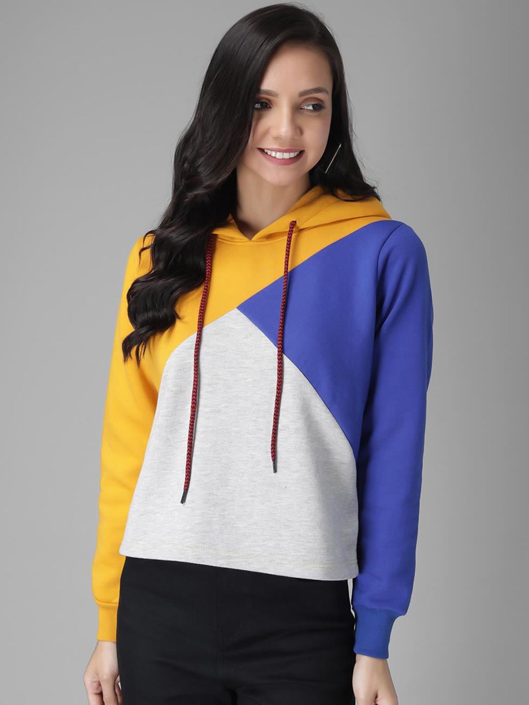 Kotty Women Yellow & Blue Colourblocked Hooded Sweatshirt