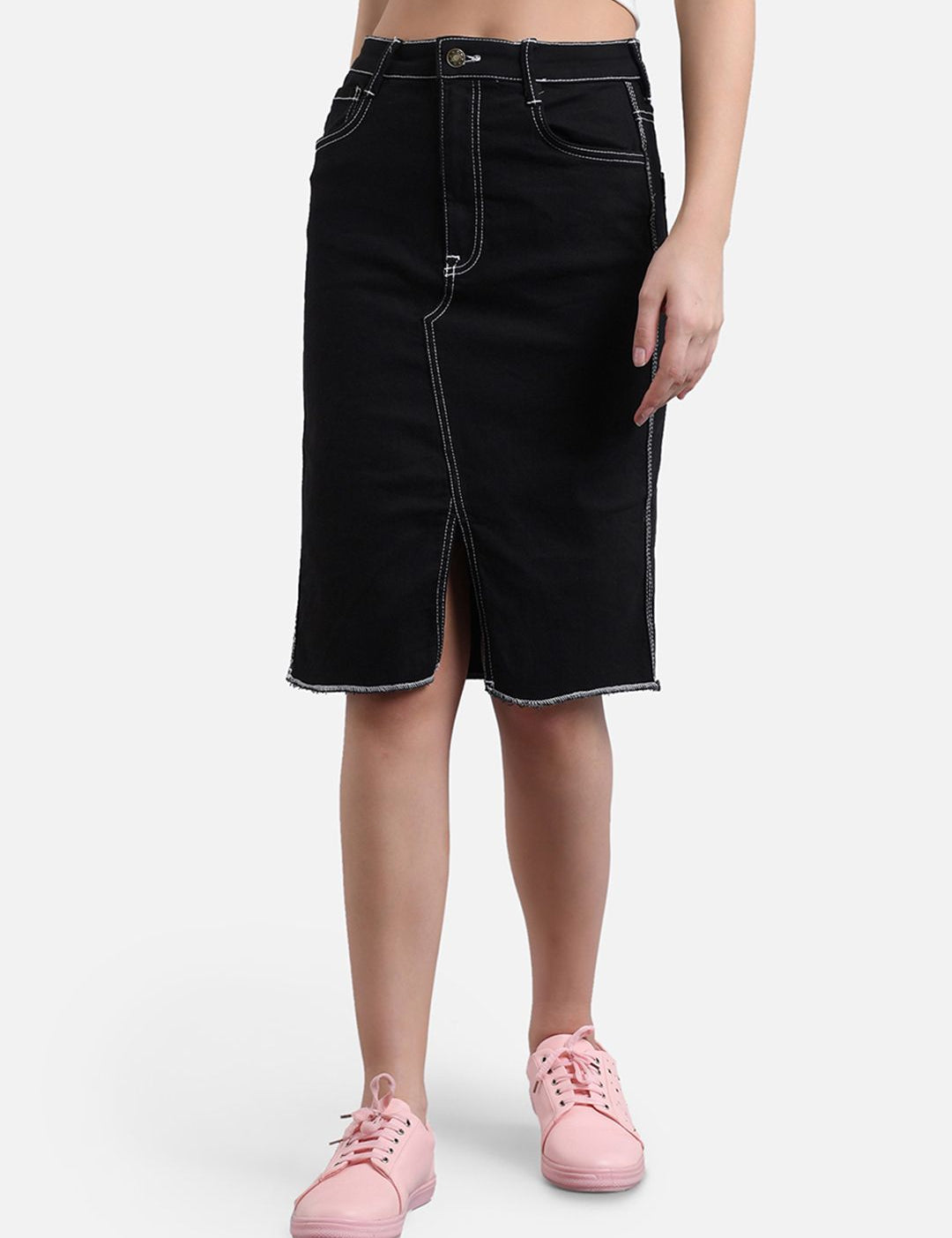 Kotty Women Black Solid Denim Straight Skirt