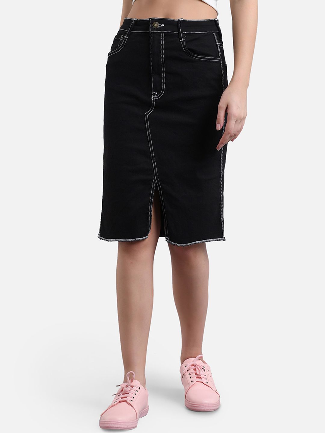Kotty Women Black Solid Denim Straight Skirt
