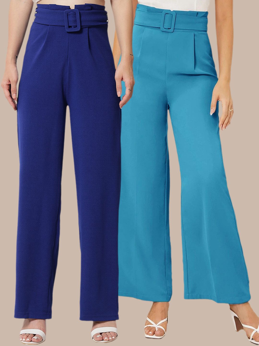 Kotty Women Pack Of 2 Relaxed High-Rise Straight Fit Easy Wash Pleated Trousers