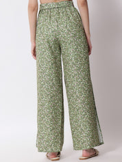 Kotty Women Green Floral Printed Relaxed Flared High-Rise Easy Wash Pleated Trousers