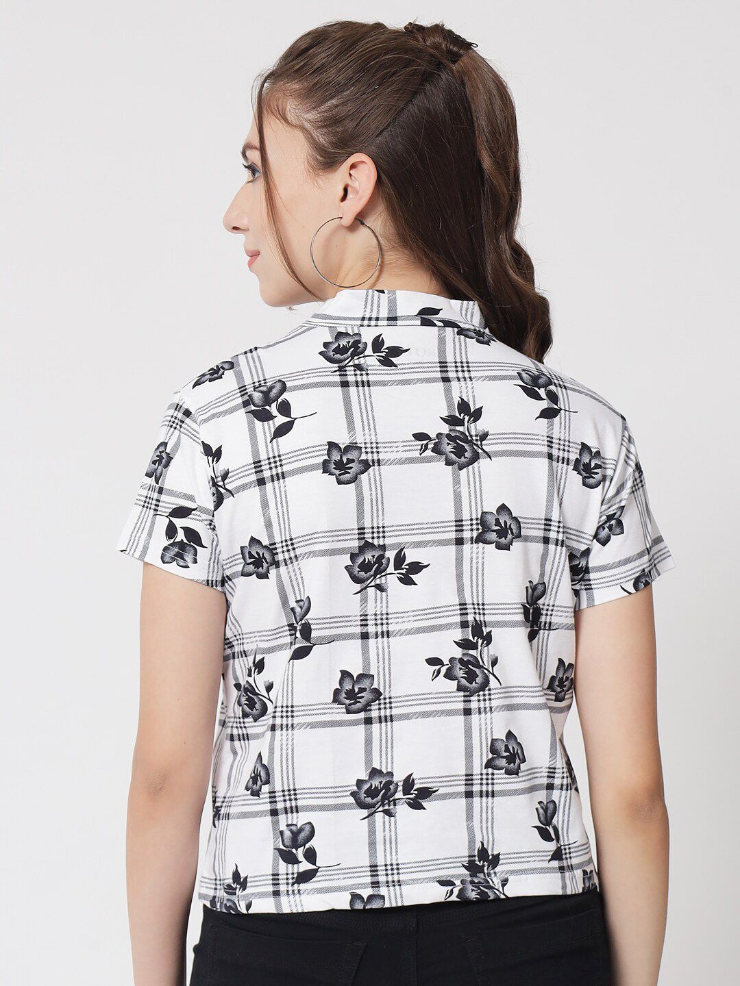 Kotty Women White & Black Floral Printed Cotton Blend Top