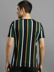 Kotty Men Green Striped Henley Neck T-shirt