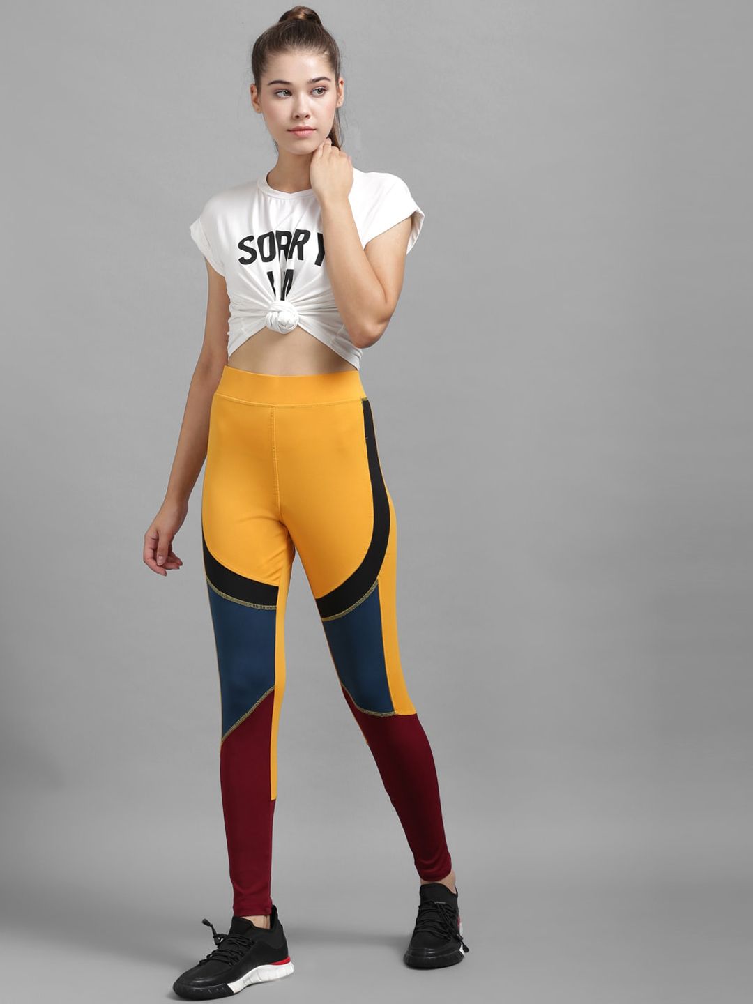Kotty Women Yellow & Maroon Colourblocked Tights