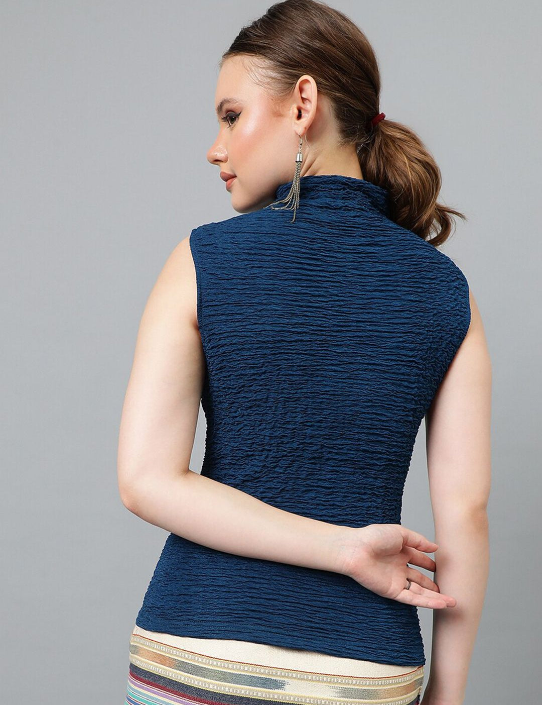 Kotty Blue High Neck Sleeveless Fitted Top