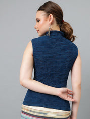 Kotty Blue High Neck Sleeveless Fitted Top