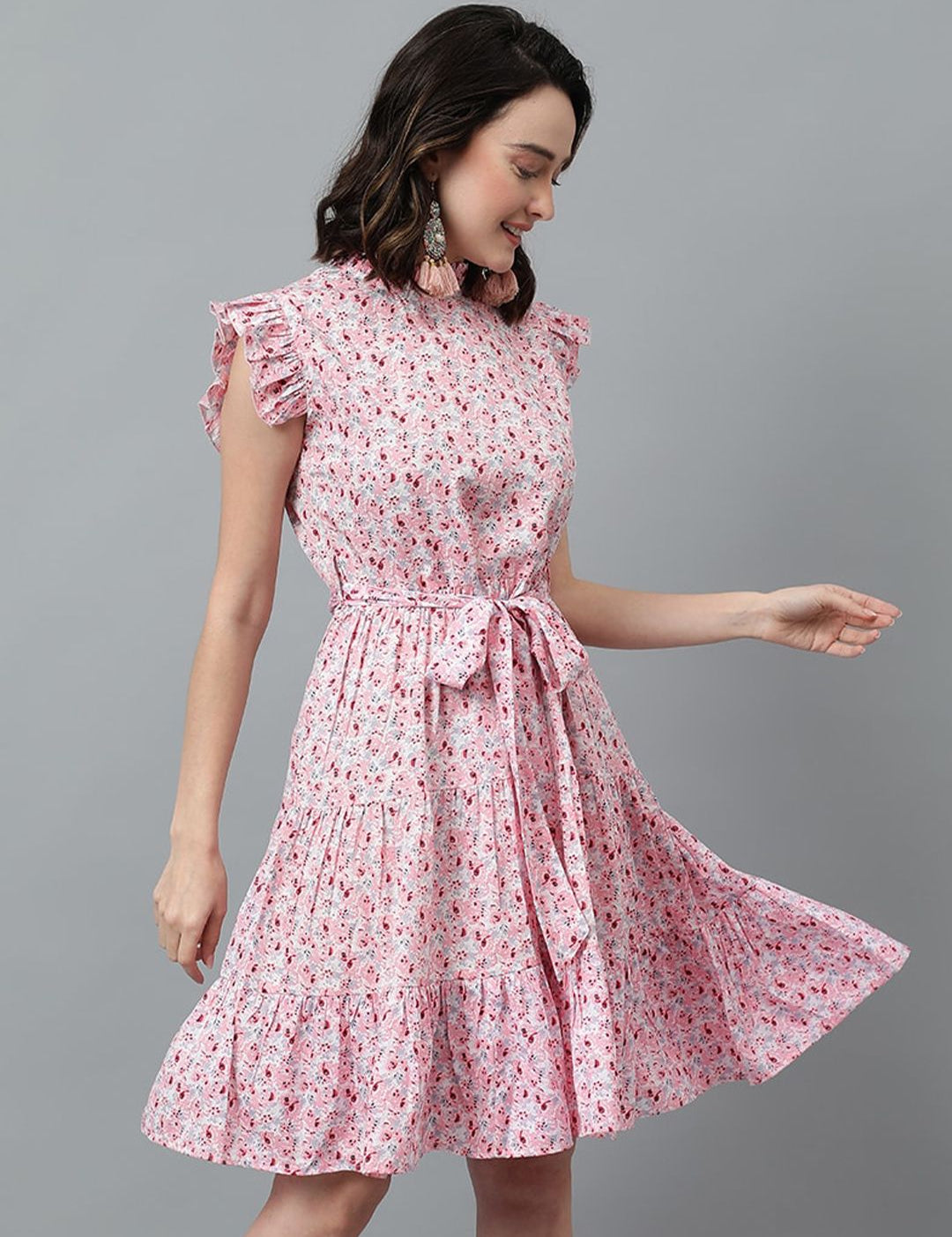 Kotty Pink & White Floral Printed High Neck Ruffled Fit & Flare Dress