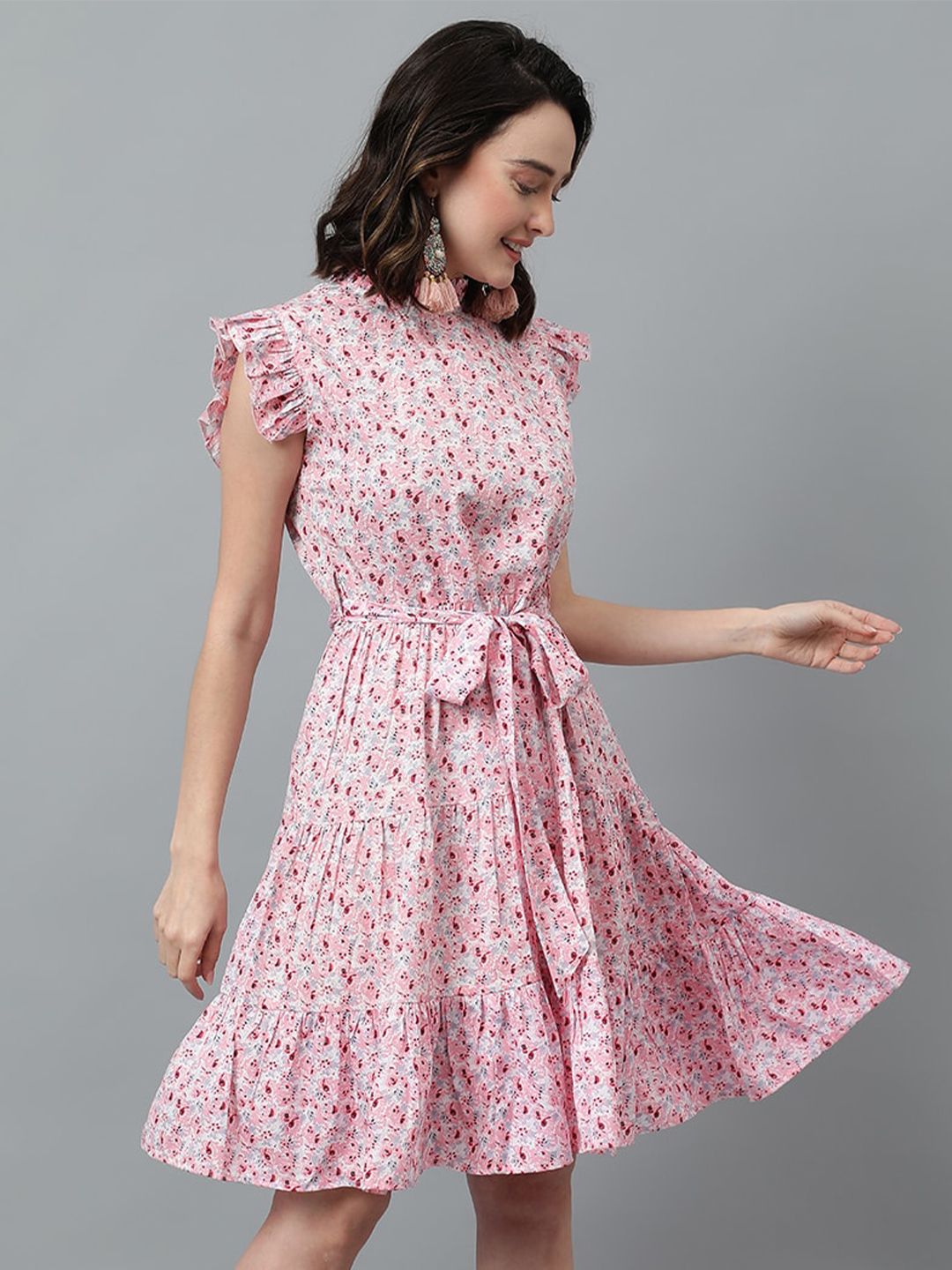 Kotty Pink & White Floral Printed High Neck Ruffled Fit & Flare Dress
