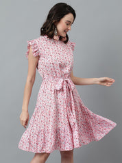 Kotty Pink & White Floral Printed High Neck Ruffled Fit & Flare Dress