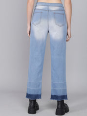 Kotty Women Blue Flared High-Rise Low Distress Heavy Fade Jeans