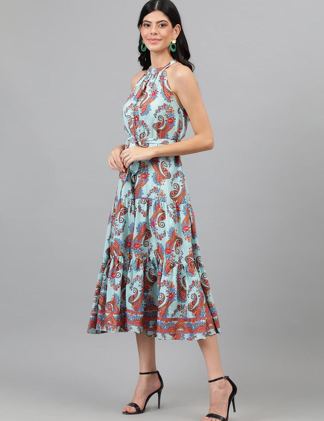 Kotty  Turoquise Blue and Orange Ethnic Printed Tiered Halter Neck Fit & Flare Dress