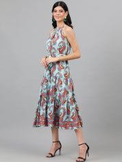 Kotty  Turoquise Blue and Orange Ethnic Printed Tiered Halter Neck Fit & Flare Dress