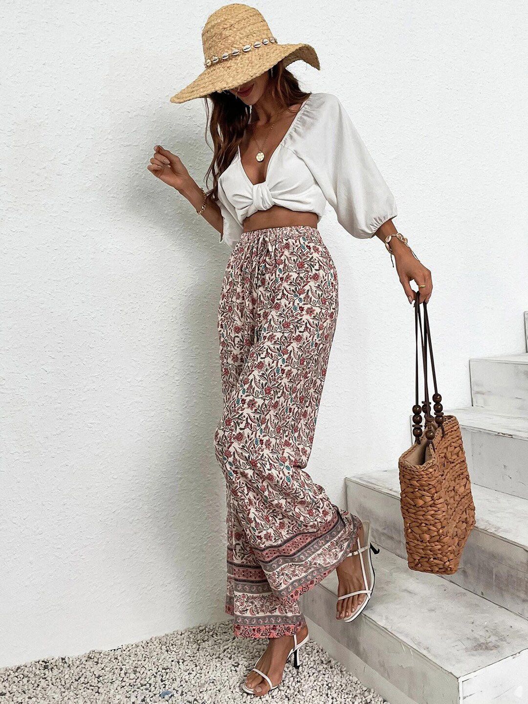 Kotty Women Cream-Coloured Ethnic Motifs Printed Relaxed Straight Fit High-Rise Easy Wash Trousers