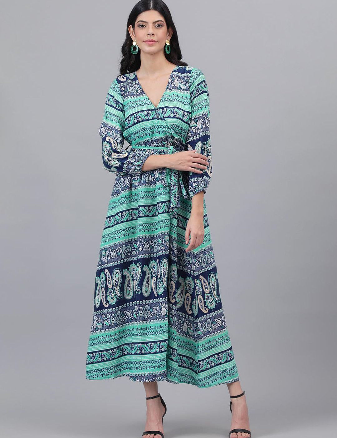 Kotty Blue & Green Ethnic Motifs Printed Wrap Maxi Dress